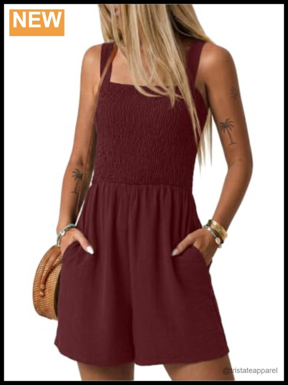 Womens Smocked Romper Square Neck Sleeveless Jumpsuit with Pockets Summer Casual